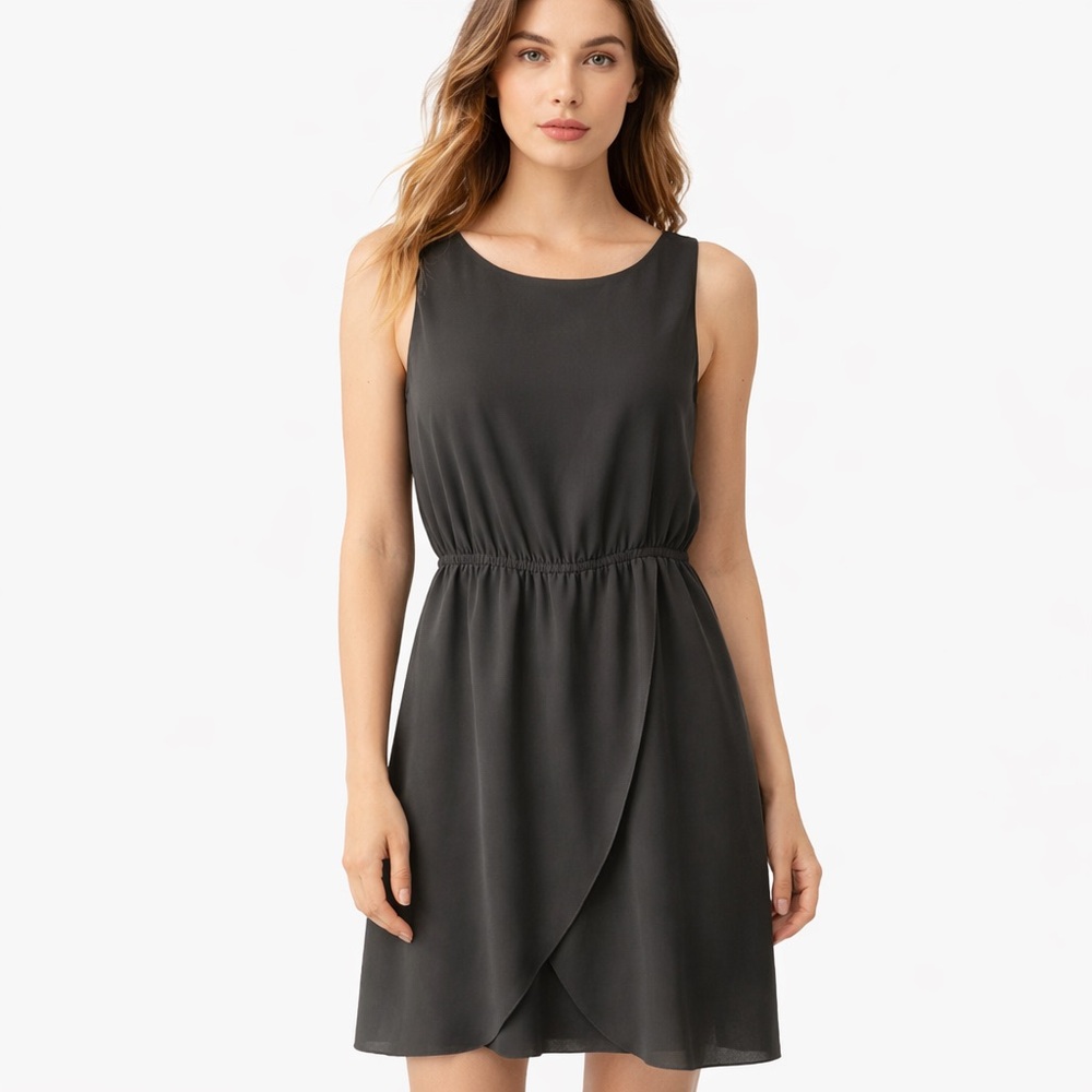 Babaton Black 100% Silk Knee-Length Dress L Elastic Waist Tulip Hem
